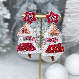 Pink Christmas Tree Austrian Crystal Seed Beaded Artisan Holiday Gift Earrings